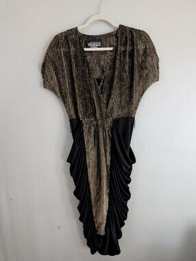 Vtg 80s Nuance Black and Gold Ruched Cocktail Dress With Puff Sleeves V Neck